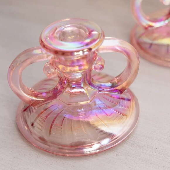 Vintage Pink Iridescent Handled Short Candlesticks (Set of 2) - Picture 3 of 5